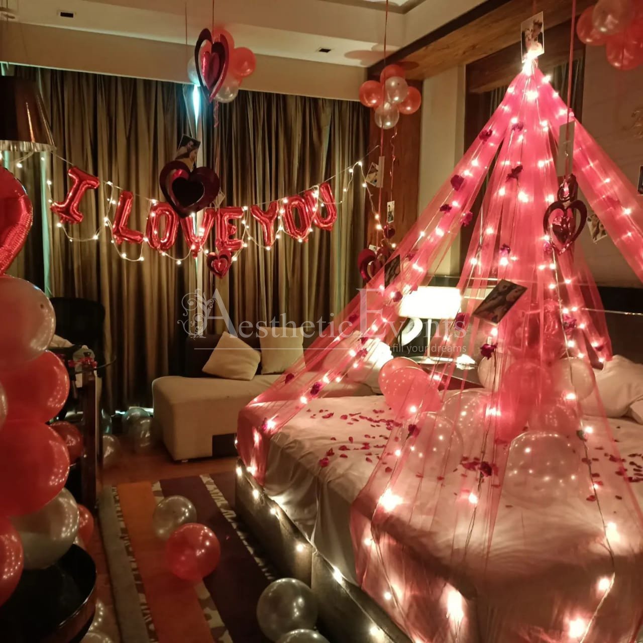 Romantic Couple Room Decoration with Balloon & Light